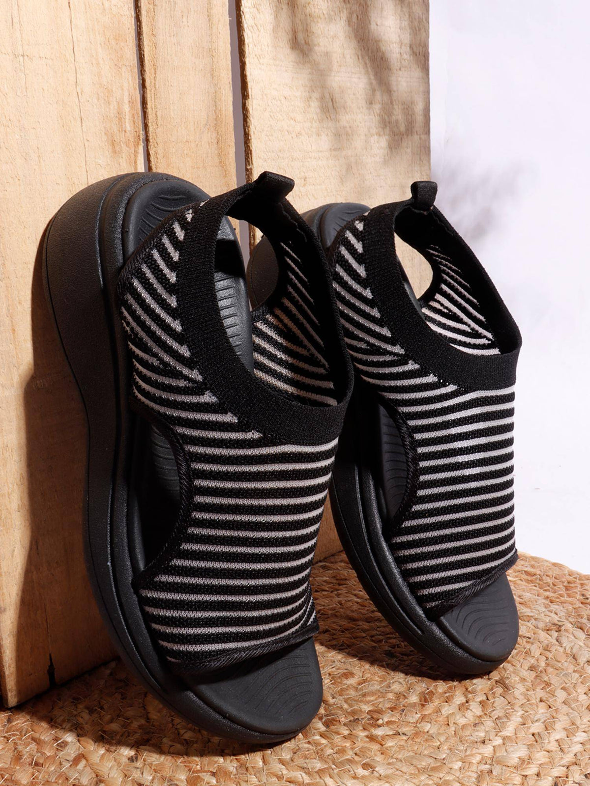 Women Black Knitted Slip-On Wedge Sandals | SD89 - view 4
