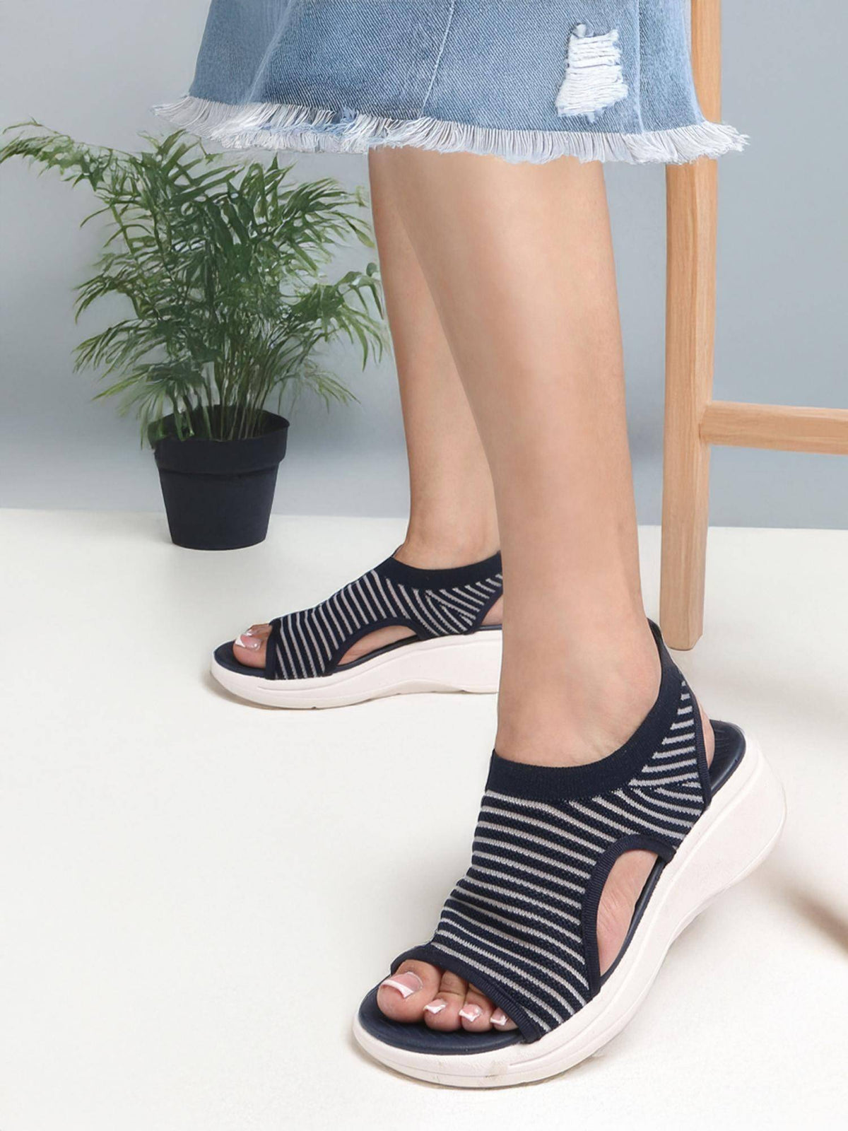 Women Black Knitted Slip-On Wedge Sandals | SD89 - view 10