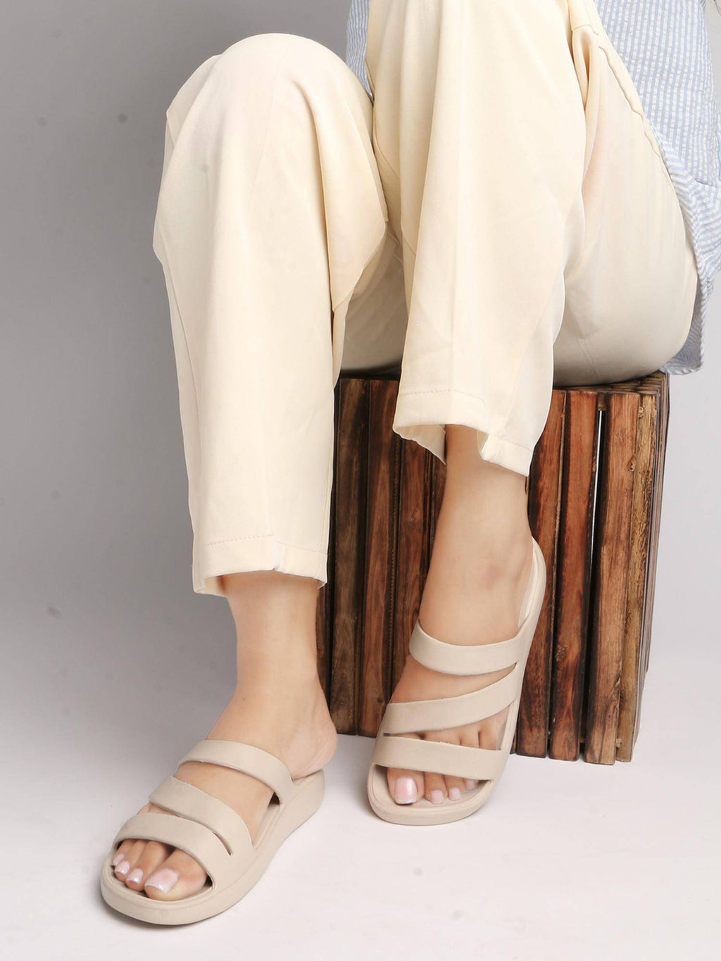 Women Beige Three-Strap Platform Comfort Sandals | SD89 - view 1