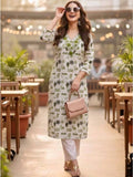 Off White Printed Regular V-Neck Kurta | KDG - view 1