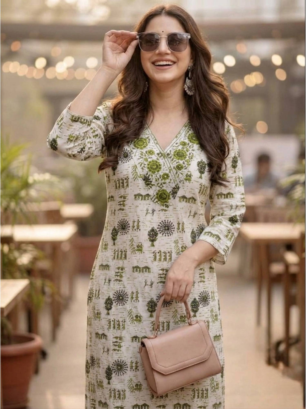 Off White Printed Regular V-Neck Kurta | FY93 - view 2