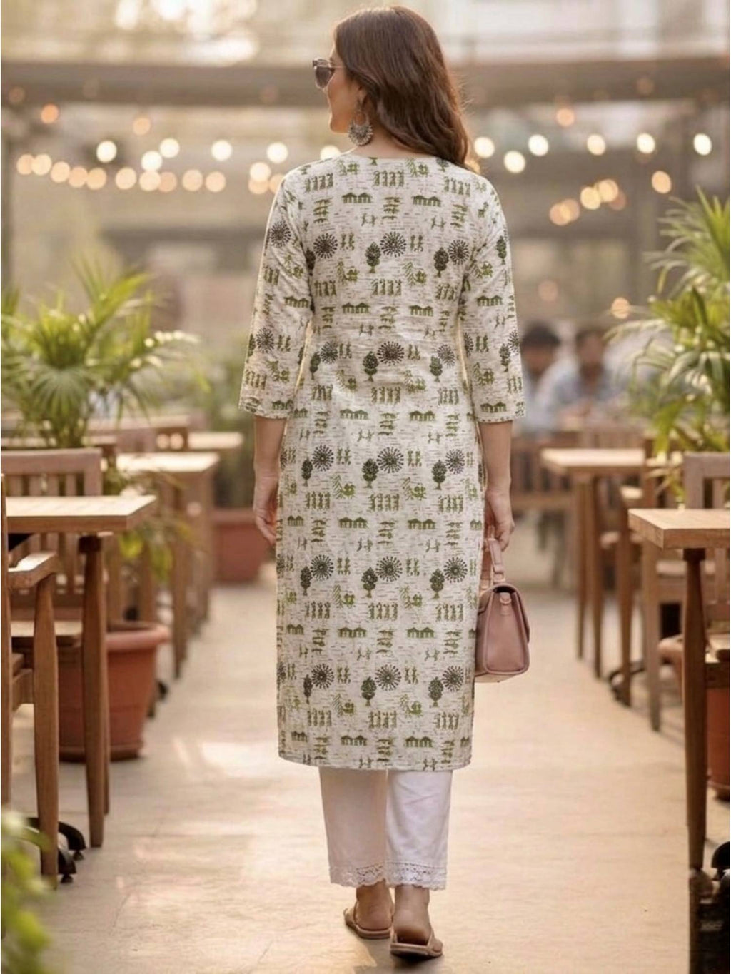Off White Printed Regular V-Neck Kurta | KDG - view 3
