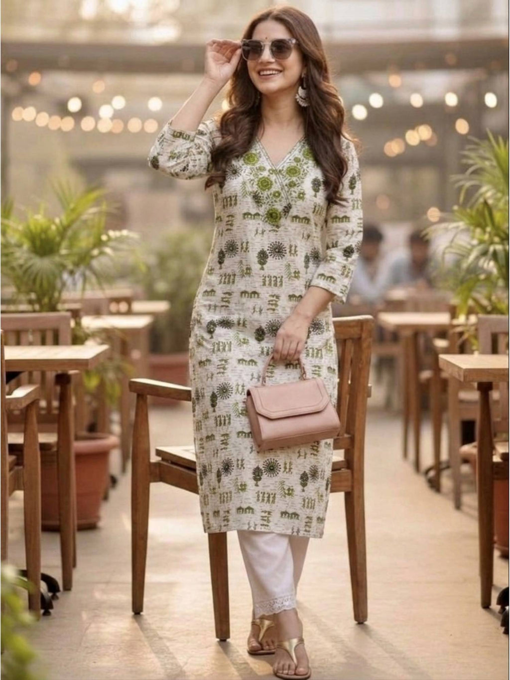 Off White Printed Regular V-Neck Kurta | FY93 - view 4