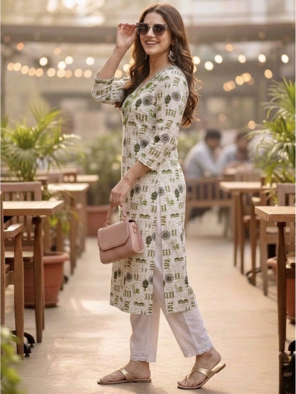 Off White Printed Regular V-Neck Kurta | FY93 - view 5