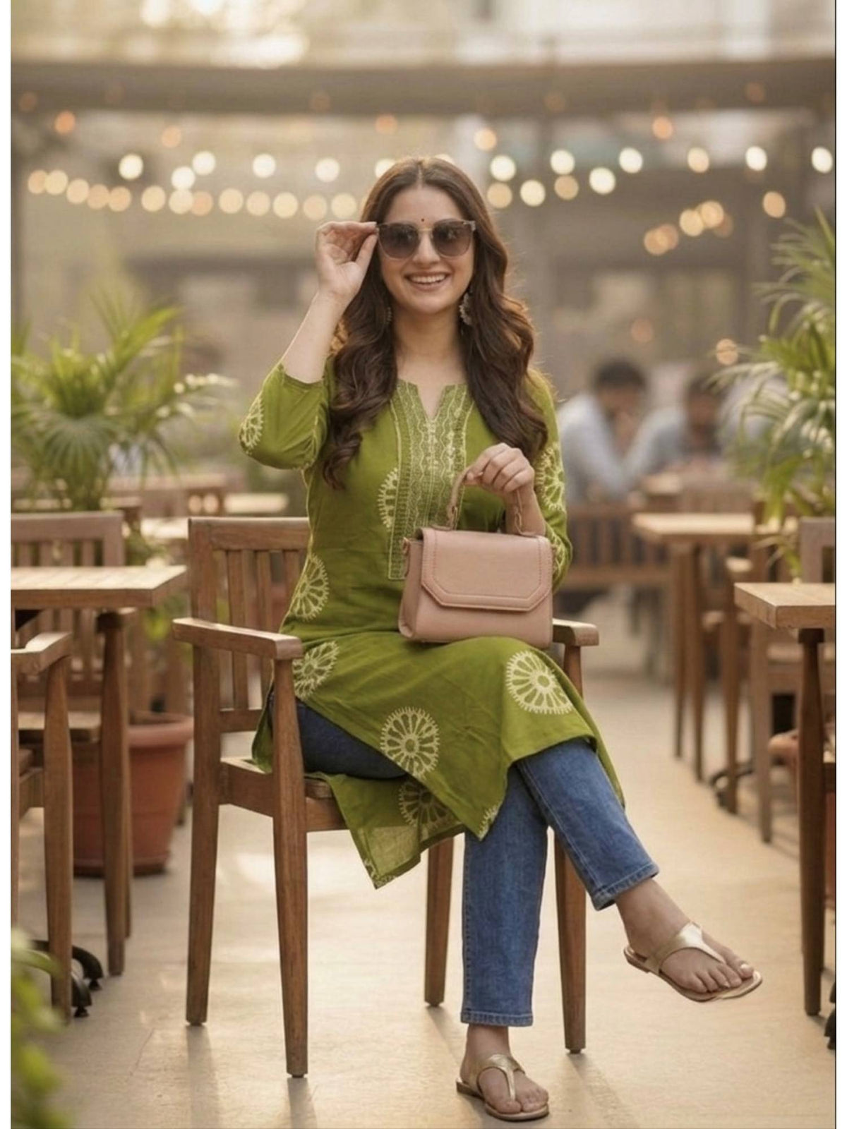 Green Printed Regular Round Neck Kurta | FY93 - view 4