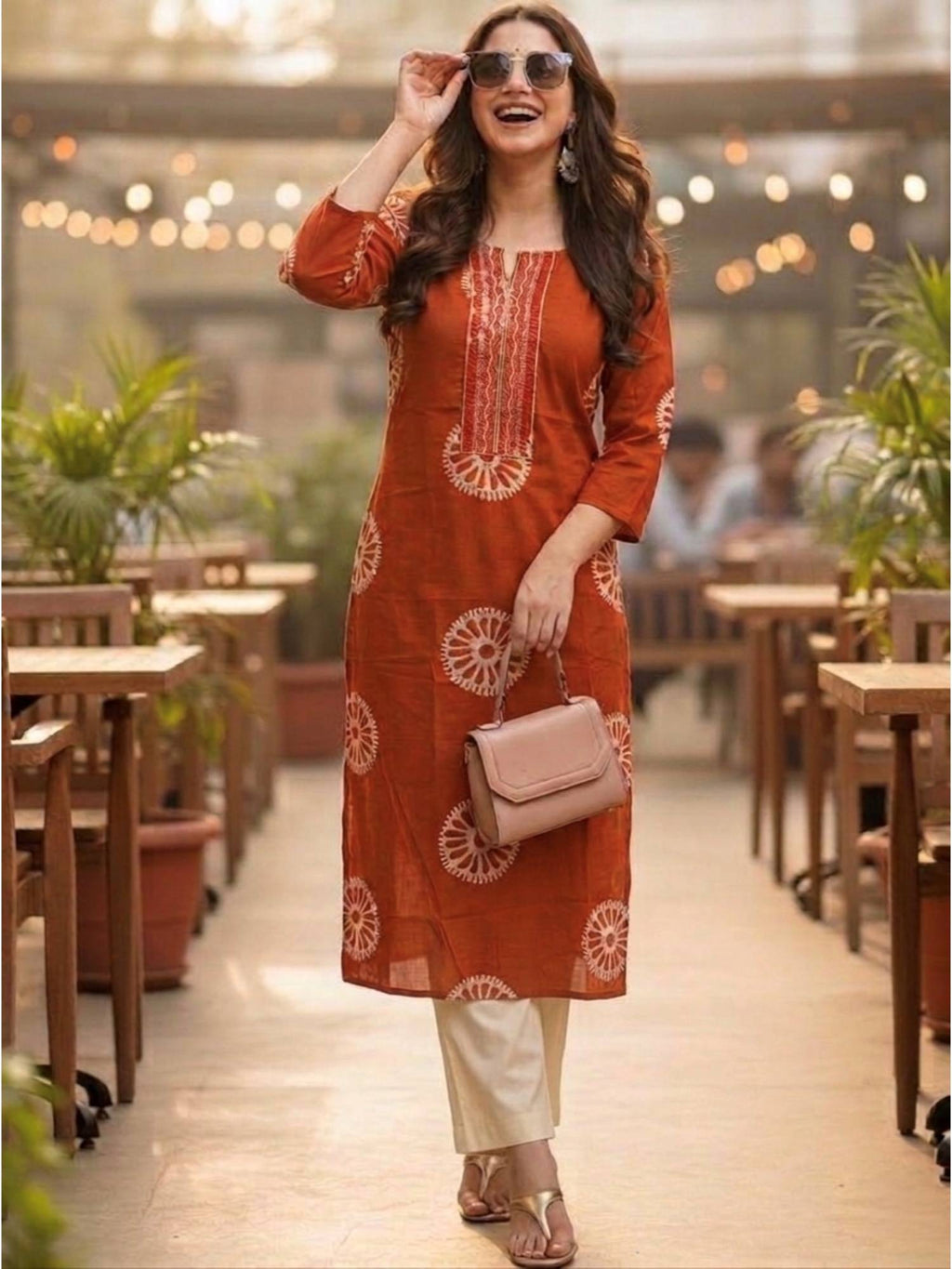 Orange Printed Regular Round Neck Kurta | FY93 - view 1
