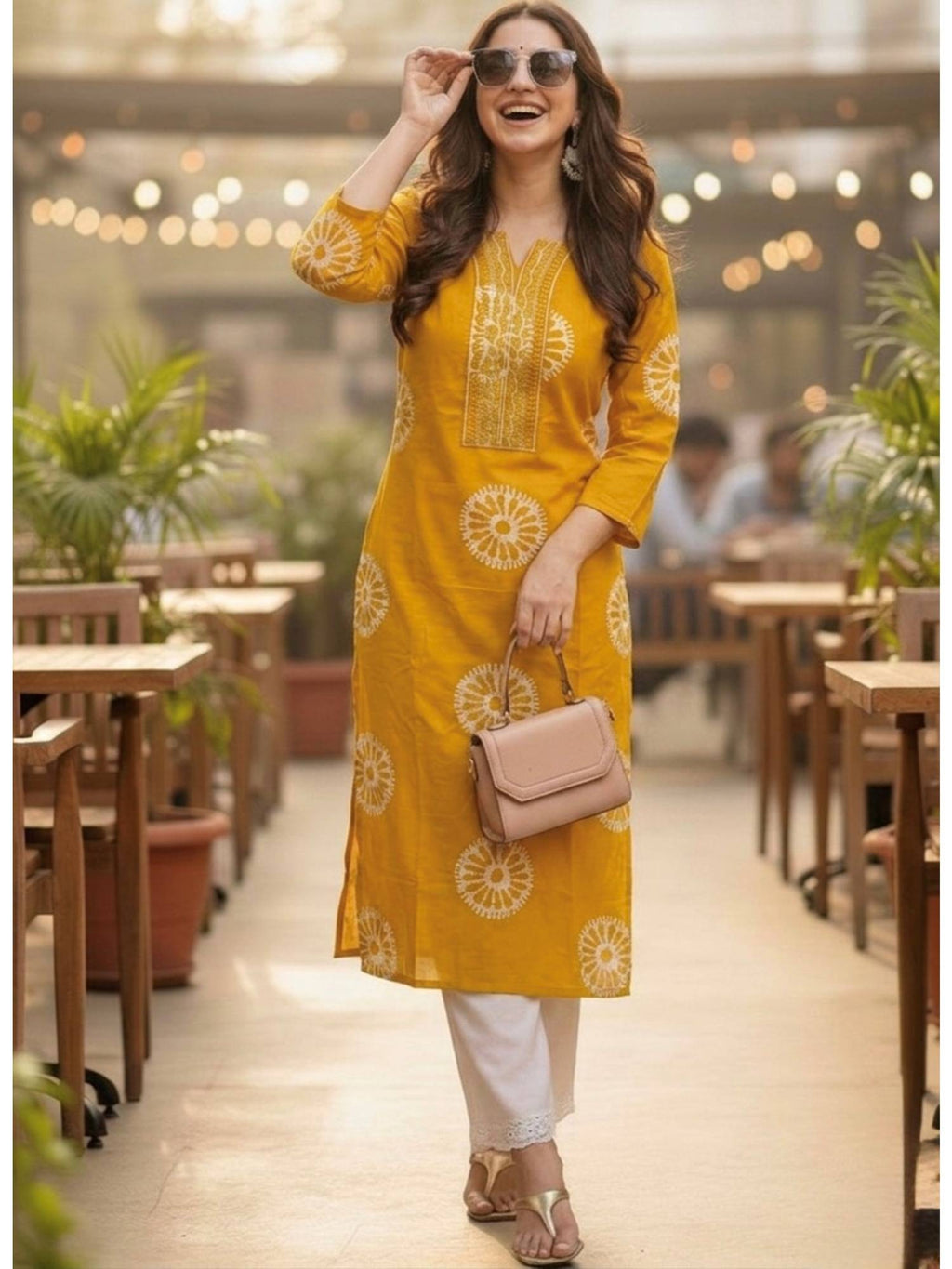 Yellow Printed Regular Round Neck Kurta | U3S - view 1