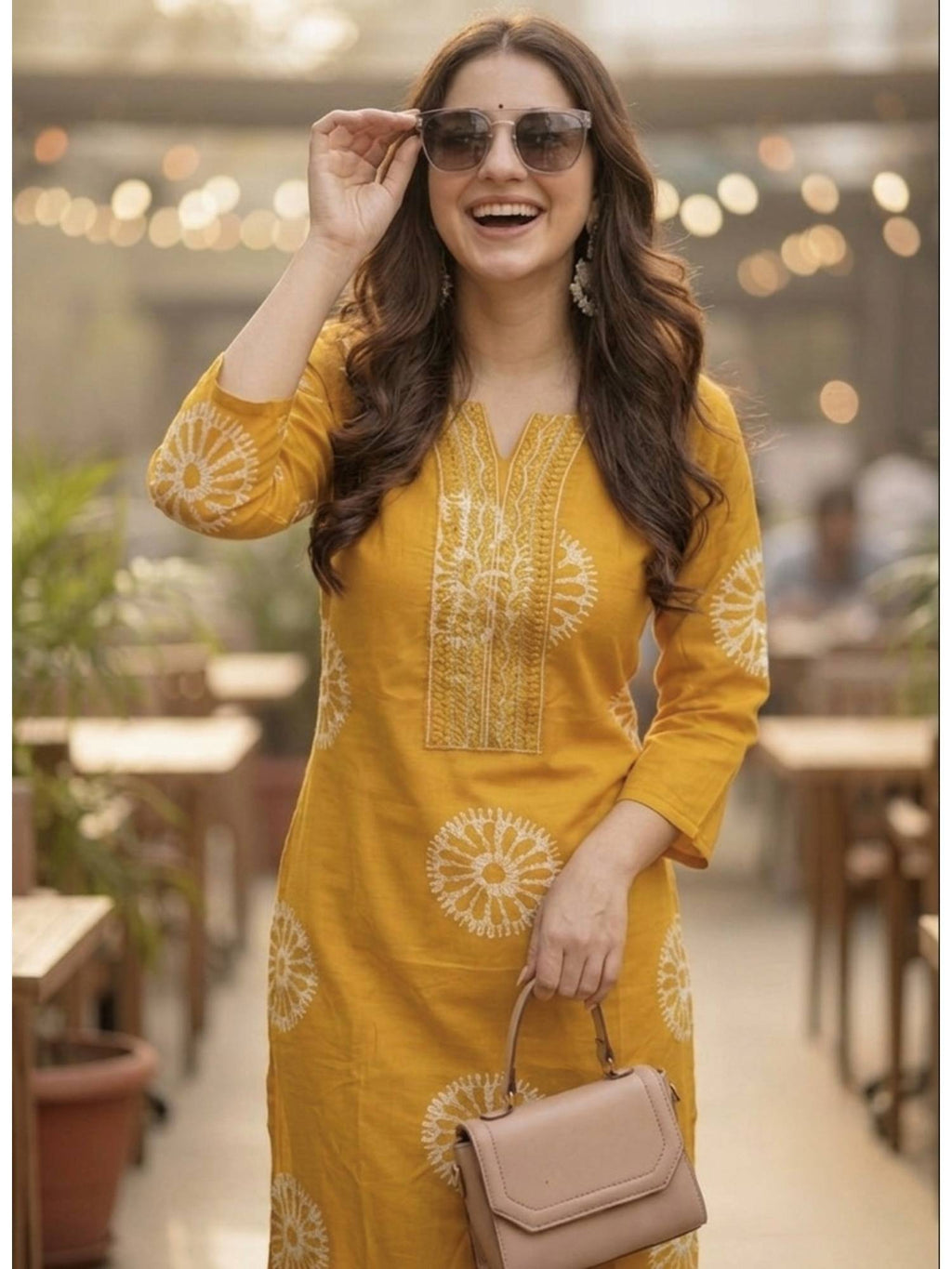 Yellow Printed Regular Round Neck Kurta | U3S - view 3