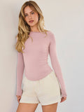 Pink Boat Neck Solid Long Sleeve Tee | TS56 - view 1