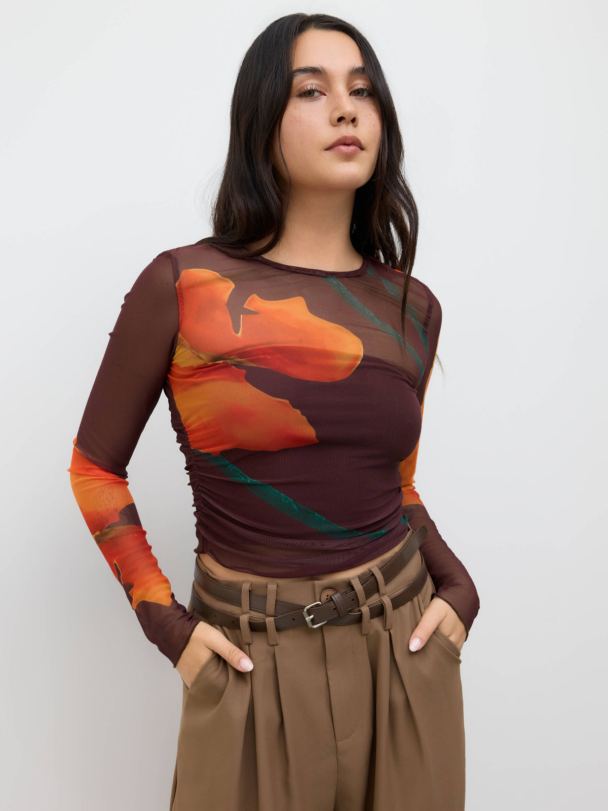 Mesh Round Neckline Floral Top With Solid Crop Tube Top | TT90 - view 5