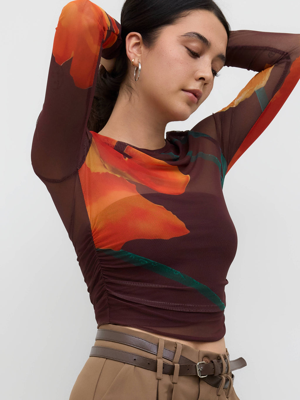 Mesh Round Neckline Floral Top With Solid Crop Tube Top | TT90 - view 8