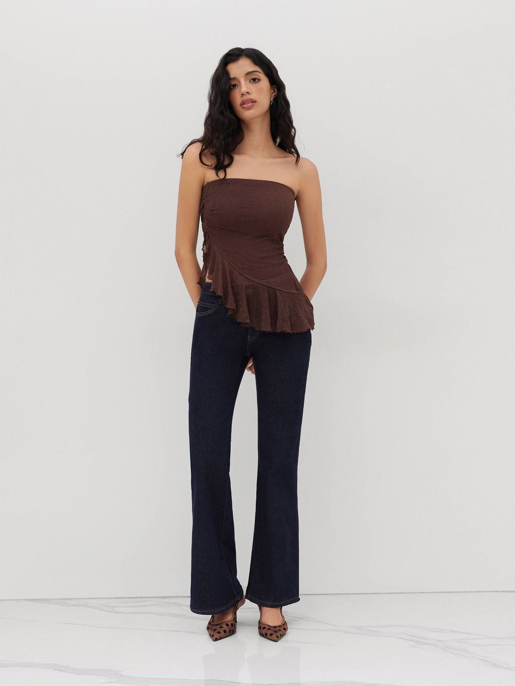 Mesh Texture Drawstring Ruffle Bandeau Top | TT90 - view 2