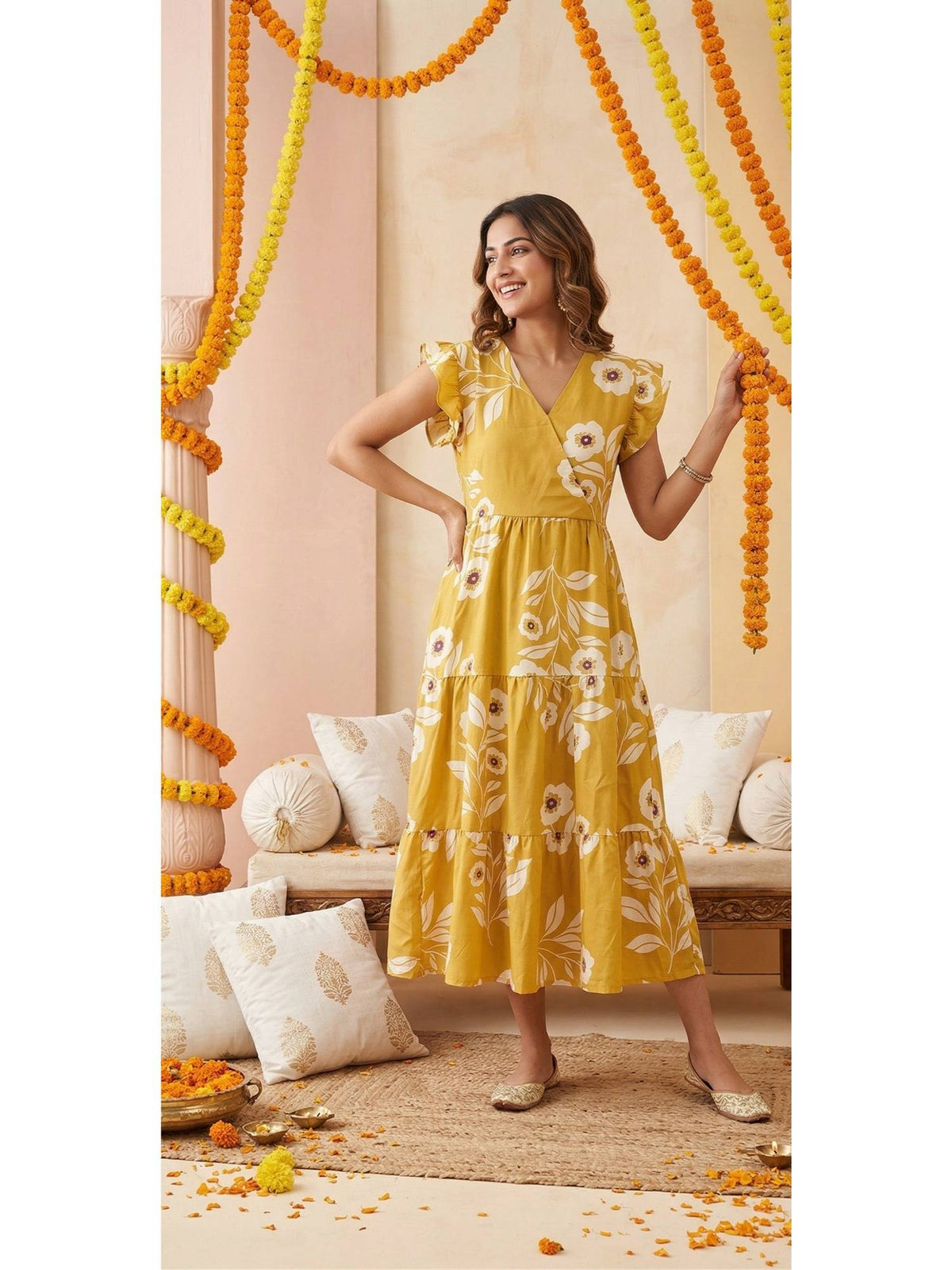Women's Mustard Yellow Floral Print V-Neck Dress | D56 - view 1