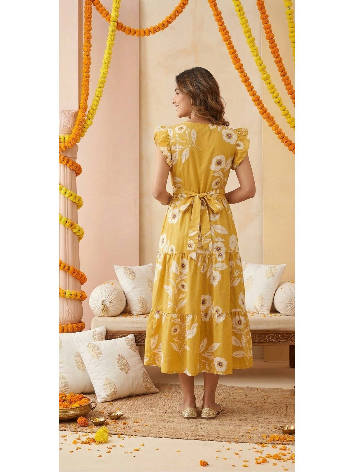 Women's Mustard Yellow Floral Print V-Neck Dress | D56 - view 2
