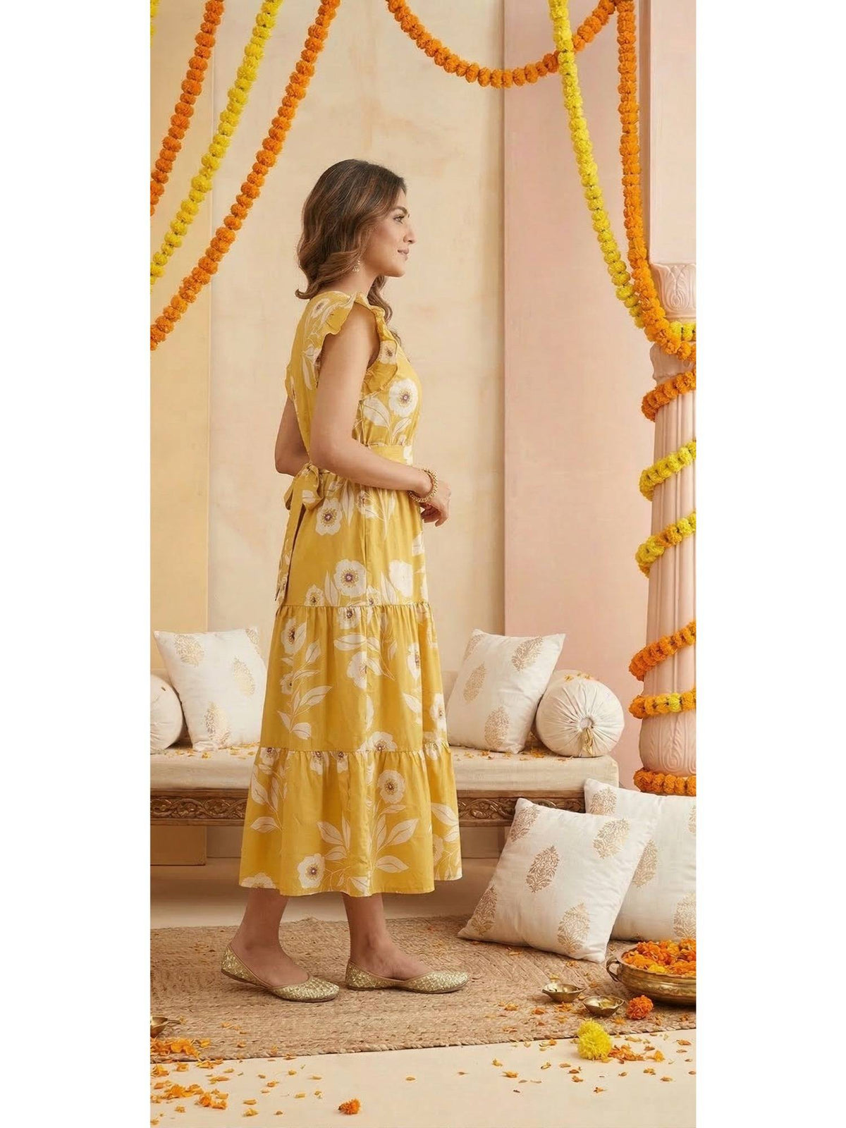 Women's Mustard Yellow Floral Print V-Neck Dress | D56 - view 3