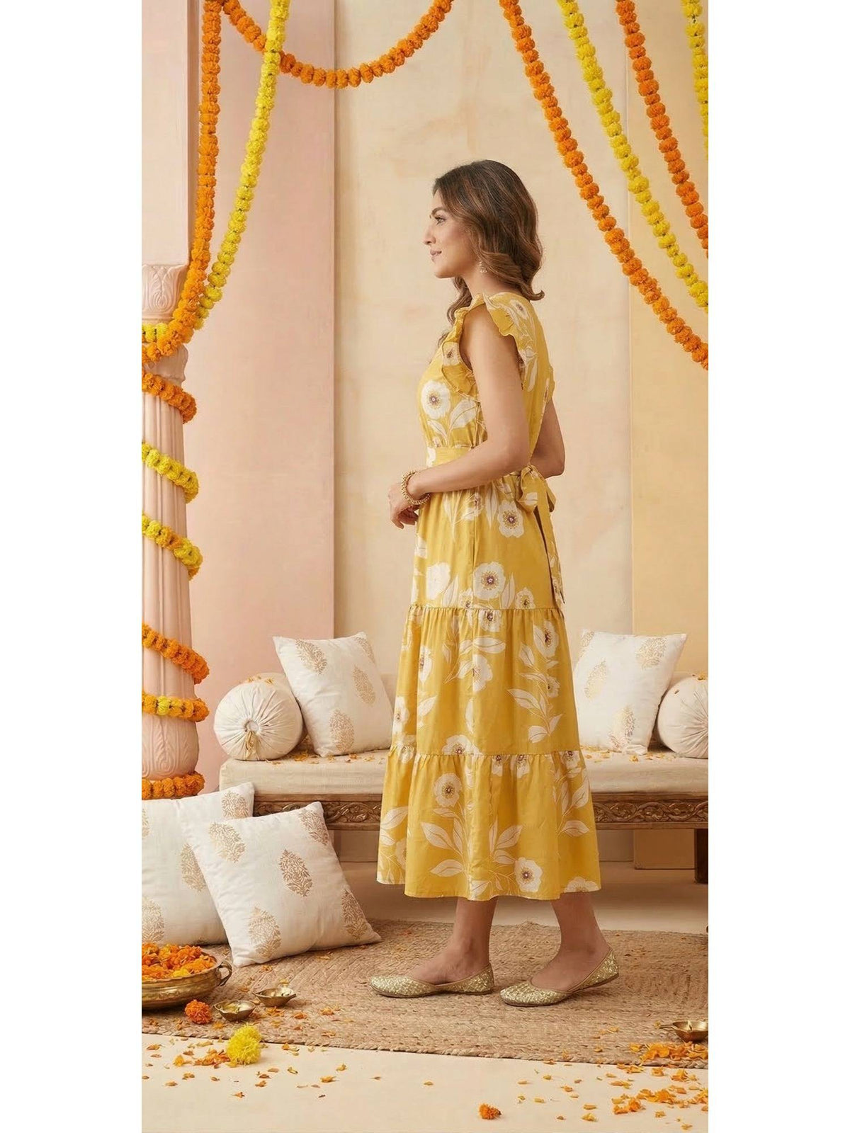 Women's Mustard Yellow Floral Print V-Neck Dress | D56 - view 4