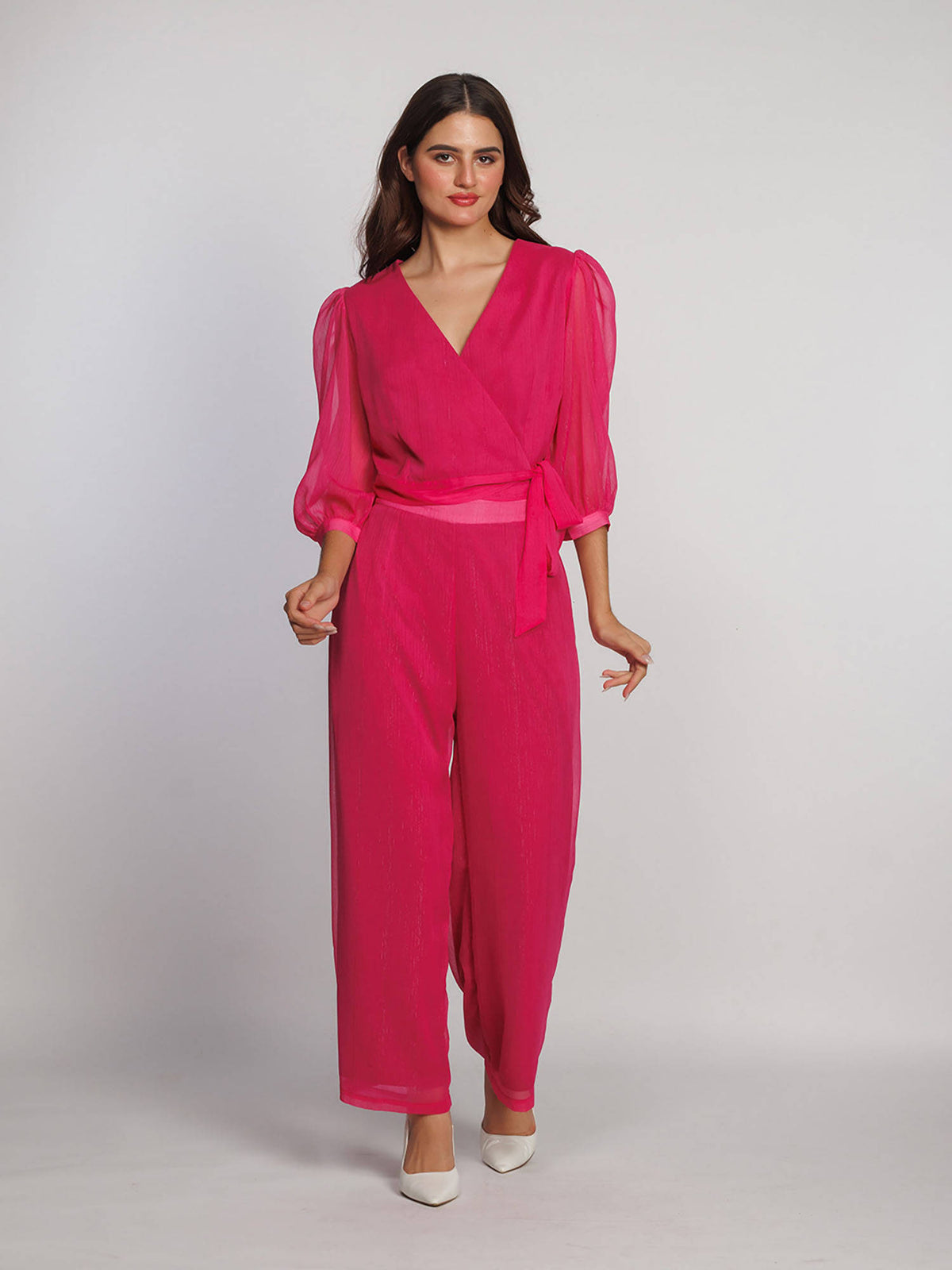 Women Pink Solid Balloon Sleeve V-Neck Crop Top | CT61 - view 2