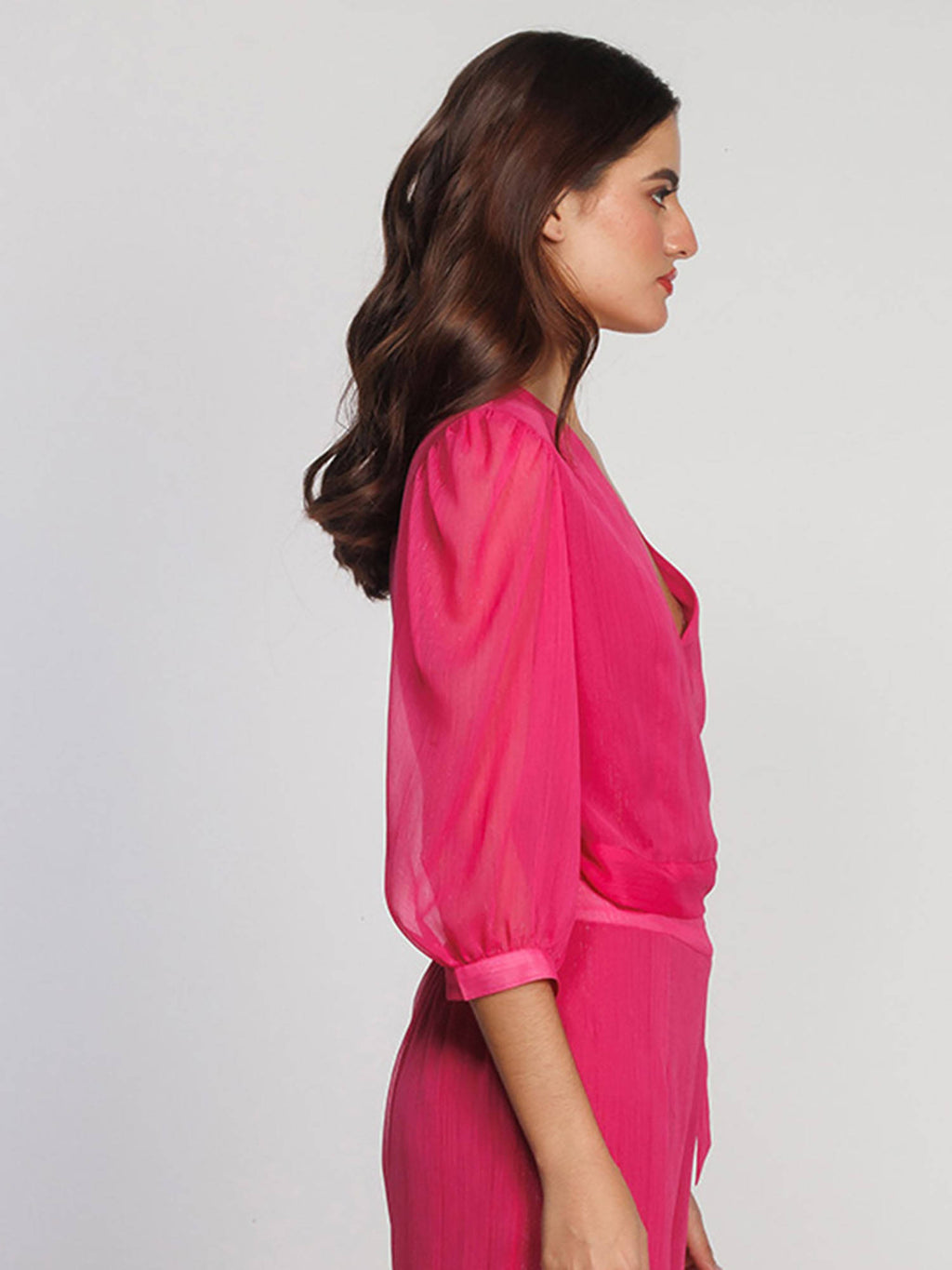 Women Pink Solid Balloon Sleeve V-Neck Crop Top | CT61 - view 3