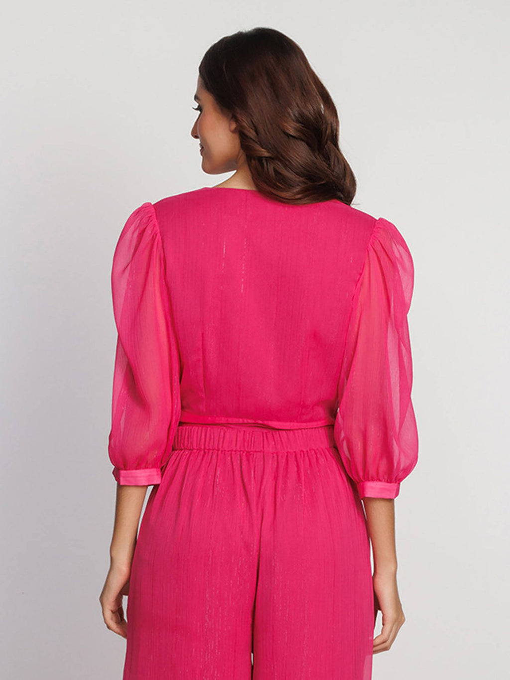 Women Pink Solid Balloon Sleeve V-Neck Crop Top | CT61 - view 4