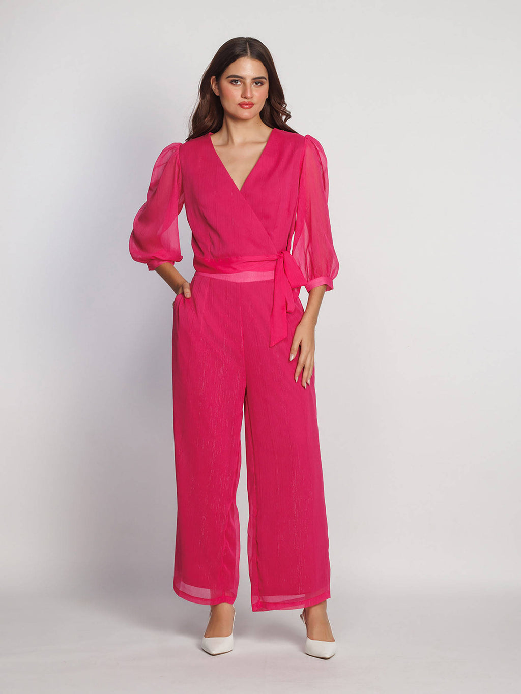 Women Pink Solid Balloon Sleeve V-Neck Crop Top | CT61 - view 5