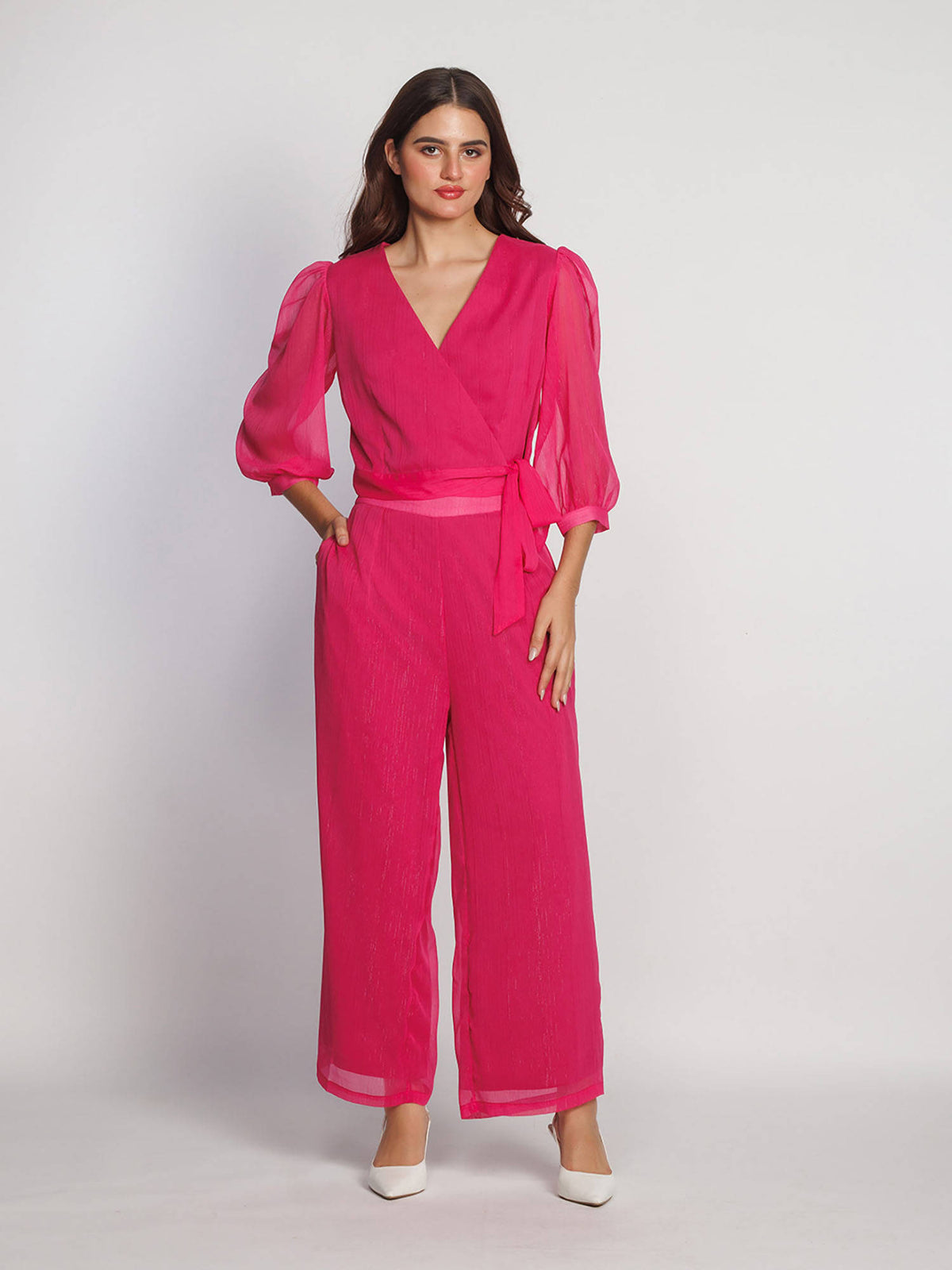 Women Pink Solid Balloon Sleeve V-Neck Crop Top | CT61 - view 5