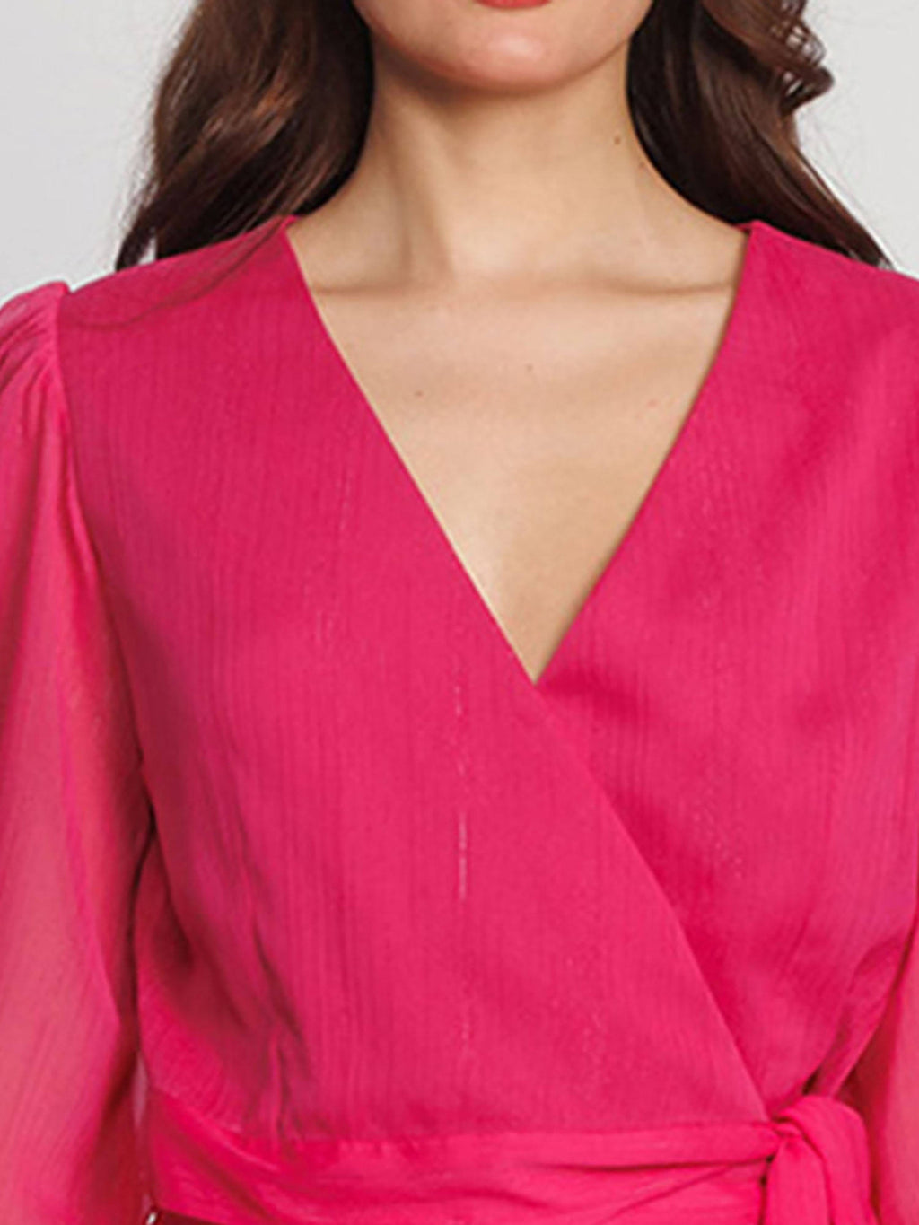 Women Pink Solid Balloon Sleeve V-Neck Crop Top | CT61 - view 6