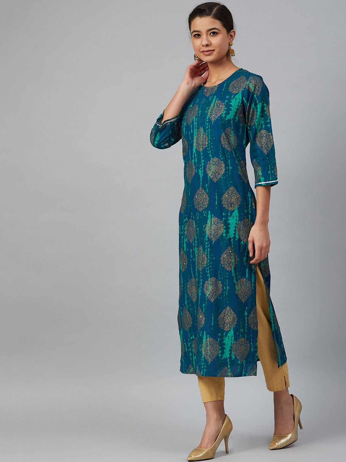 Women Pink & Golden Printed Straight Dyed Kurta | FY93 - view 9