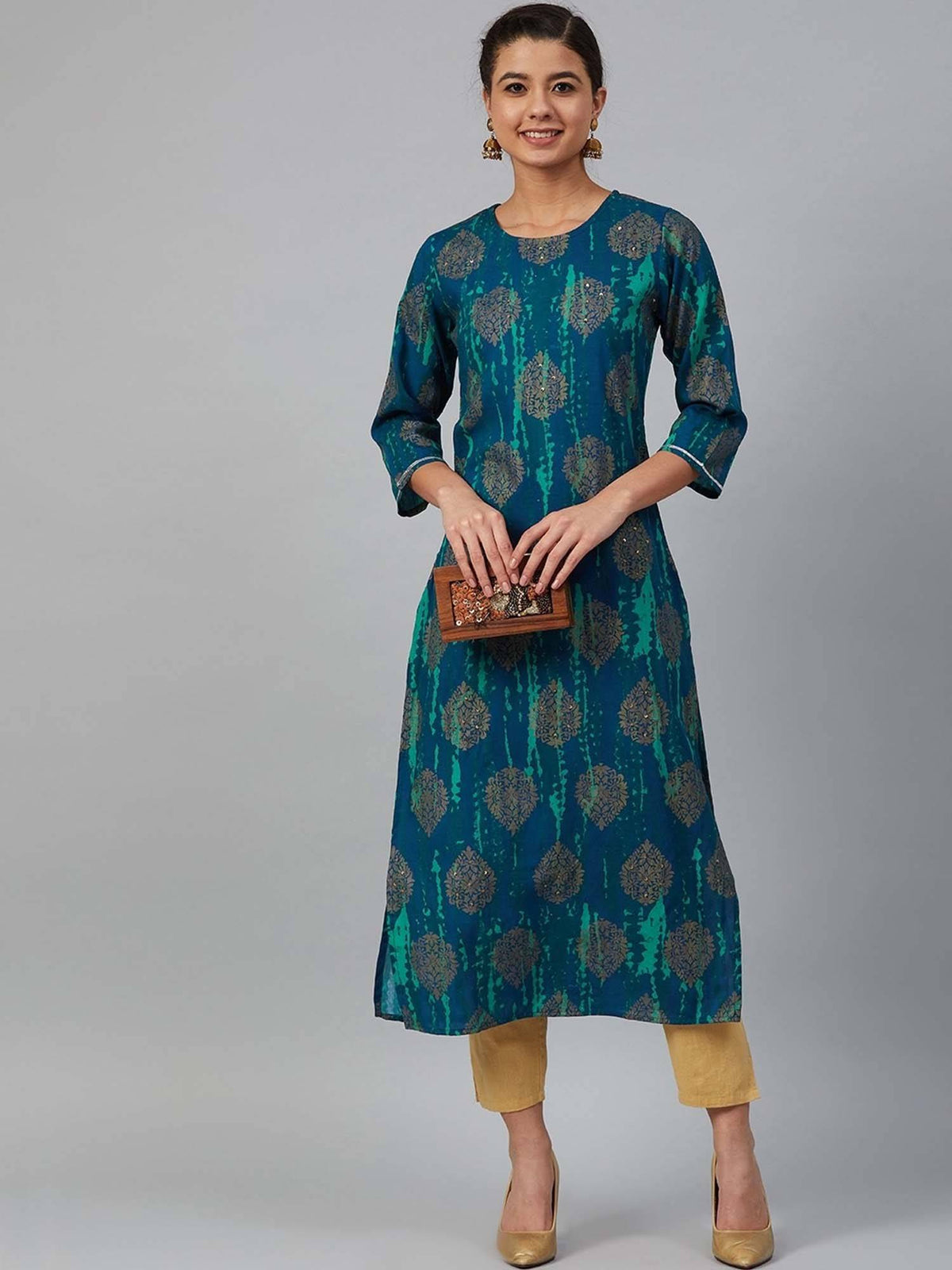 Women Pink & Golden Printed Straight Dyed Kurta | FY93 - view 12