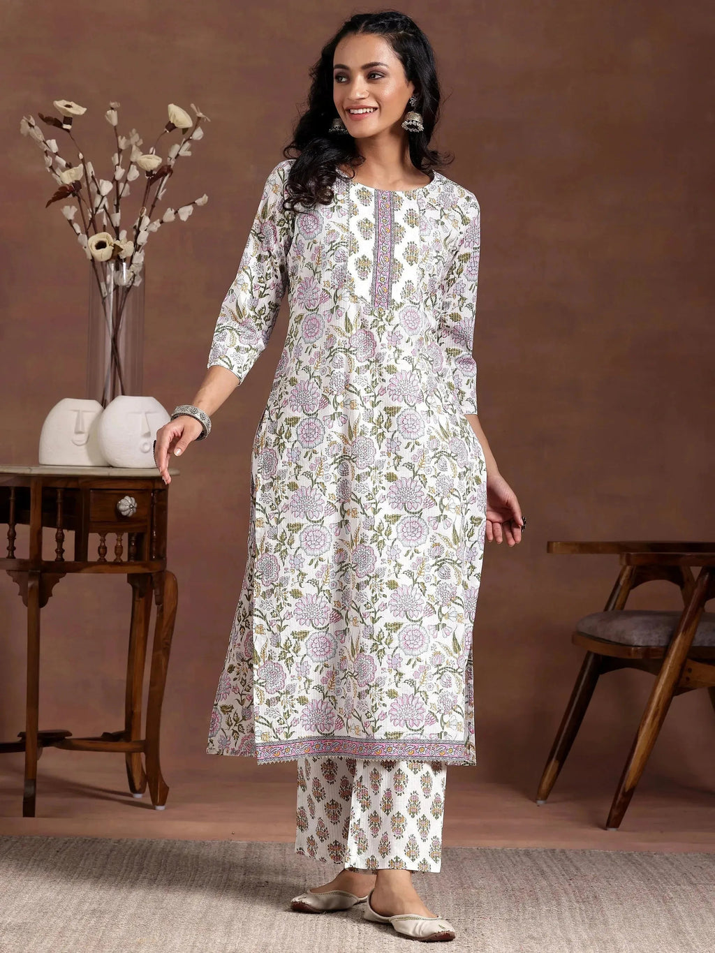 Libas Off White Printed Cotton Straight Kurta Set