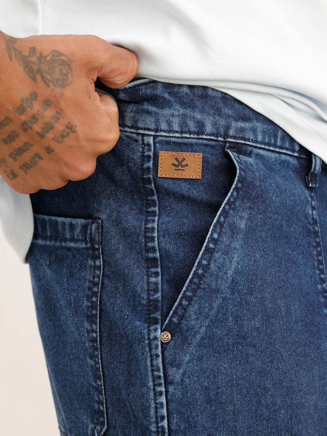 Solid Cargo Fit Denim Jeans | Blue