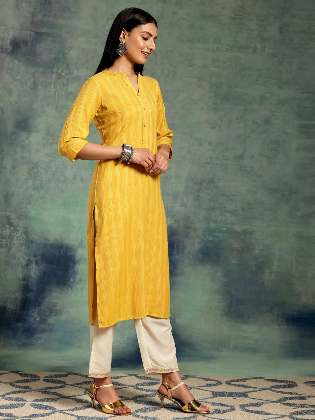Gerua Yellow Woven Design Rayon Straight Kurta