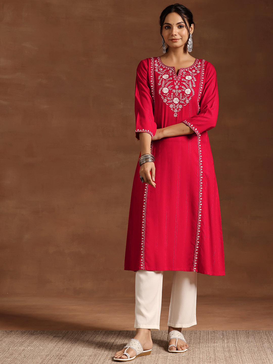 Libas Red Yoke Design Rayon A-Line Kurta