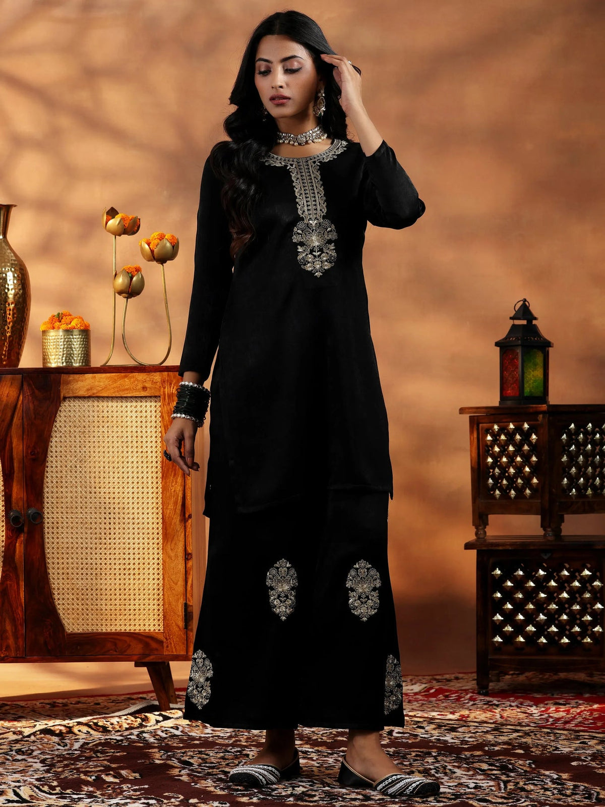 Libas Black Embroidered Velvet Co-Ords CO87