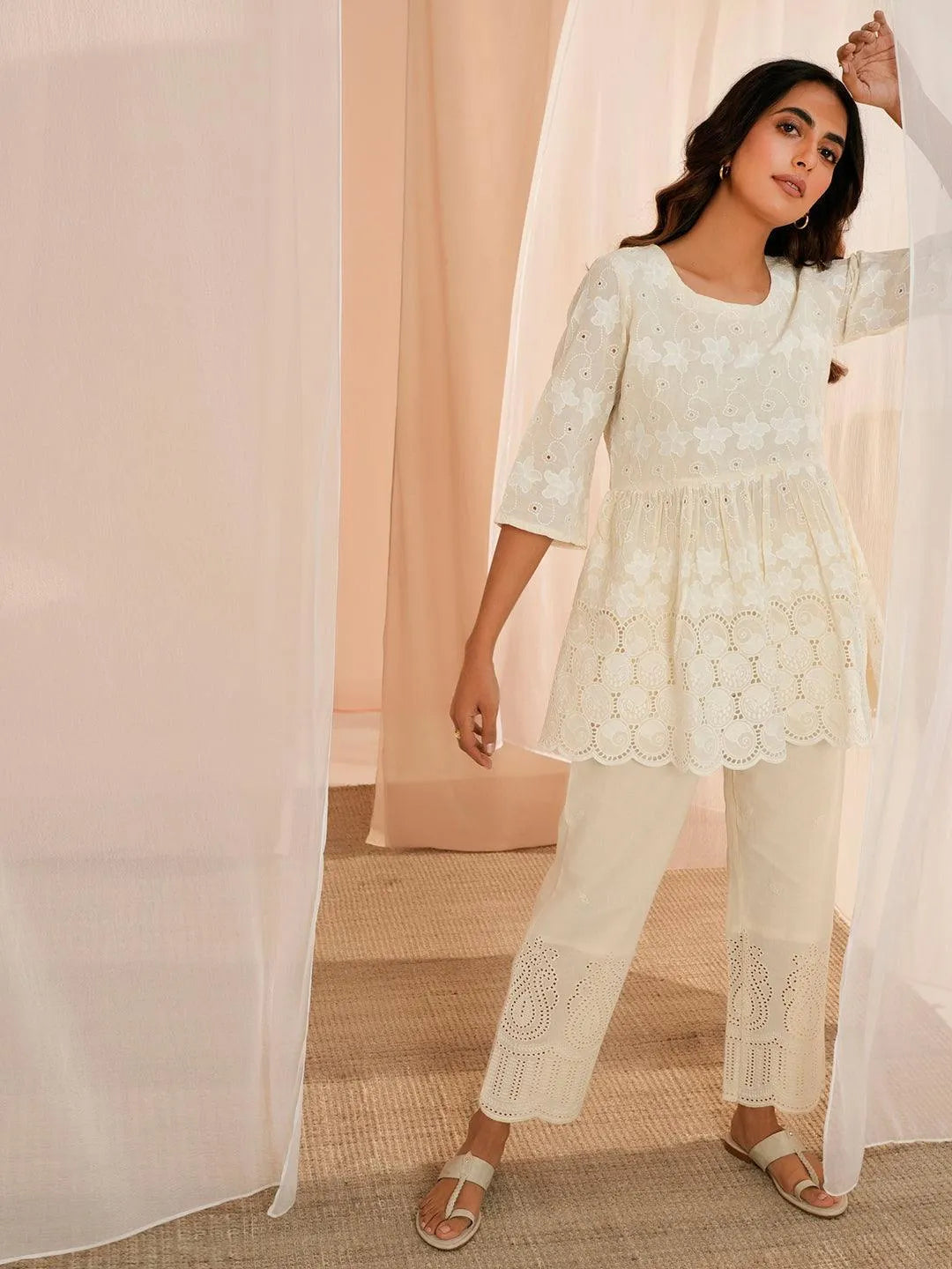 Libas Zoya Off White Embroidered Cotton A-Line Kurti P23