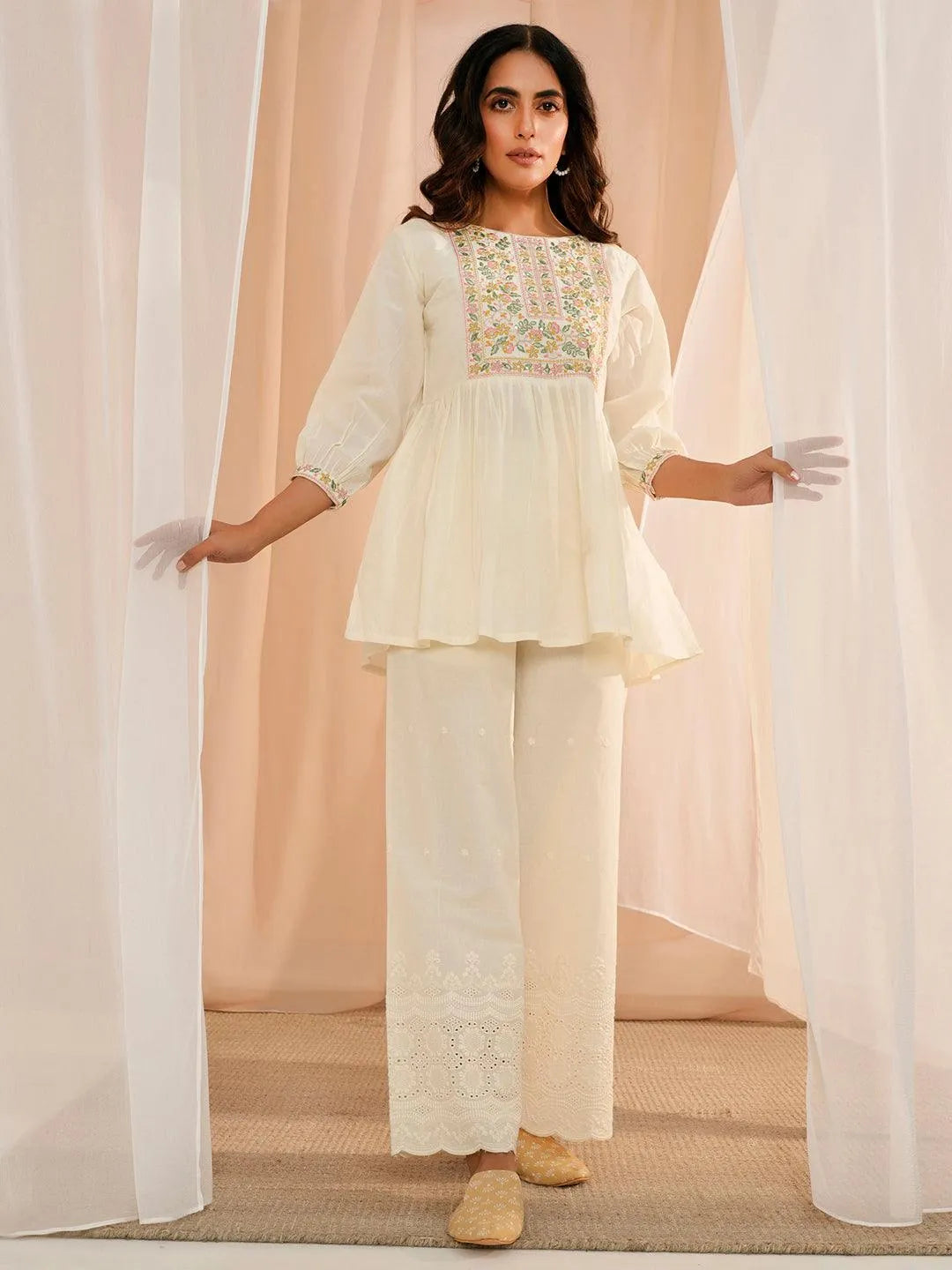 Libas Off White Yoke Design Cotton A-Line Kurti P23