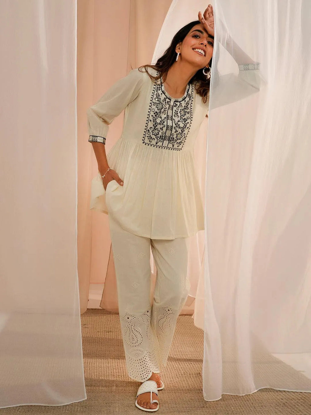 Libas Off White Yoke Design Cotton A-Line Kurti P23