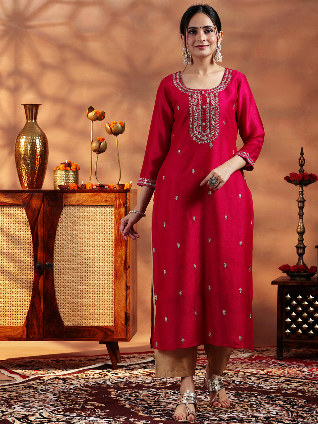 Libas Red Embroidered Silk Straight Kurta