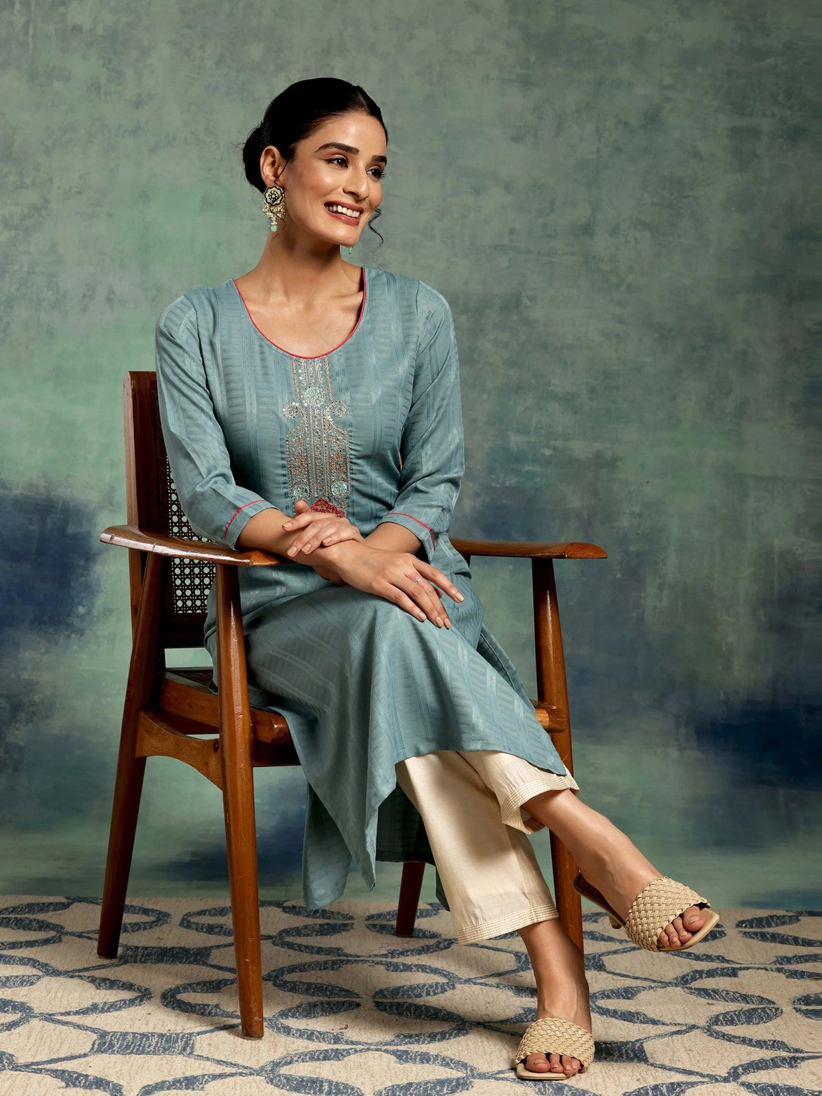 Libas Blue Yoke Design Silk Straight Kurta