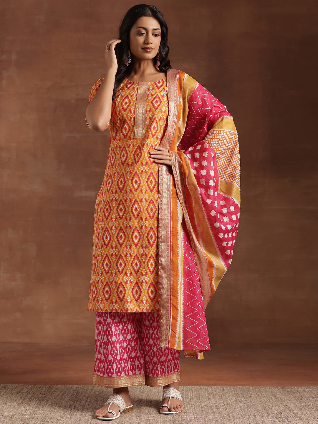 Libas Orange Printed Cotton Straight Suit With Dupatta