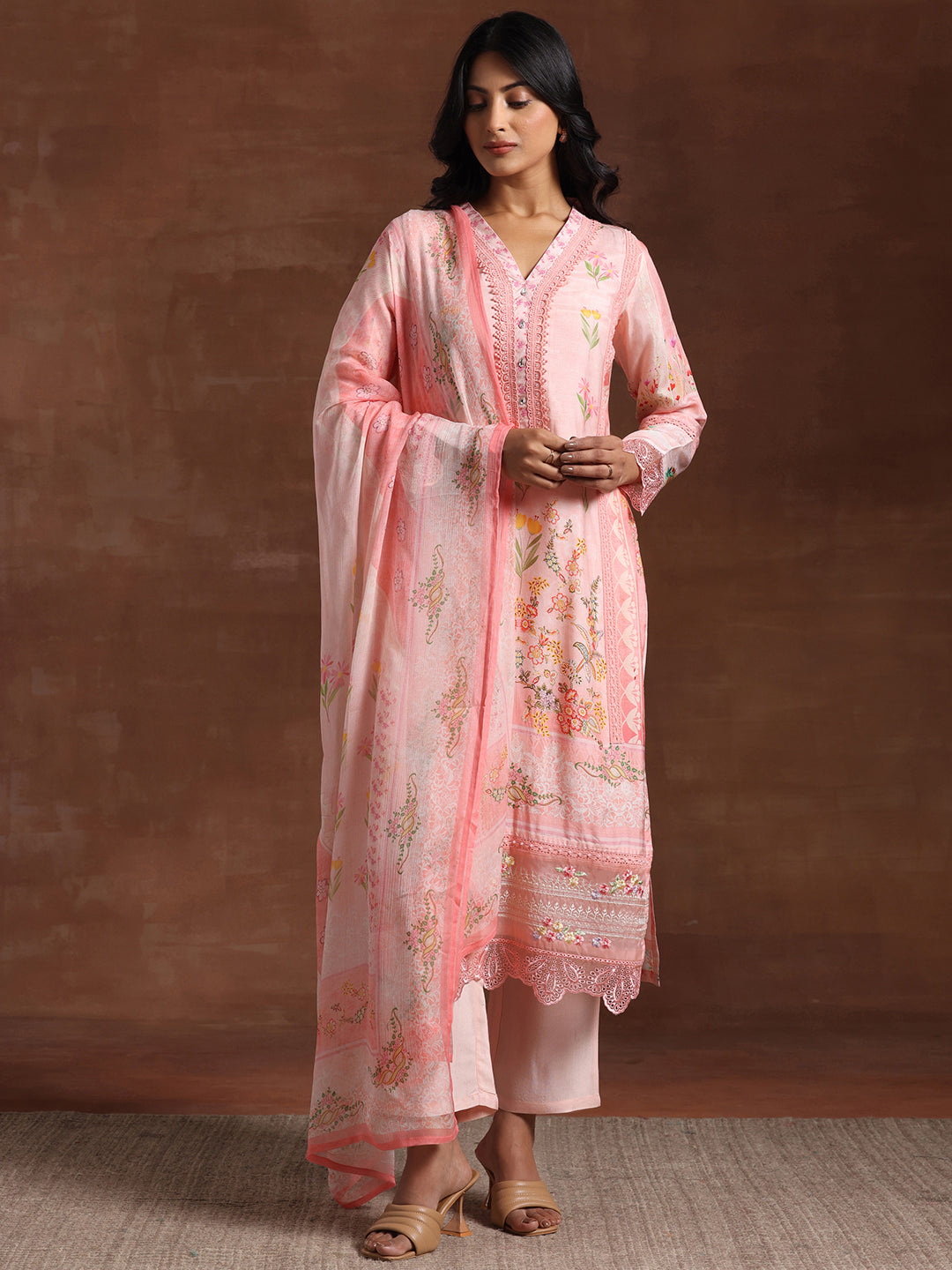 Libas Pink Printed Silk Blend Straight Suit With Dupatta