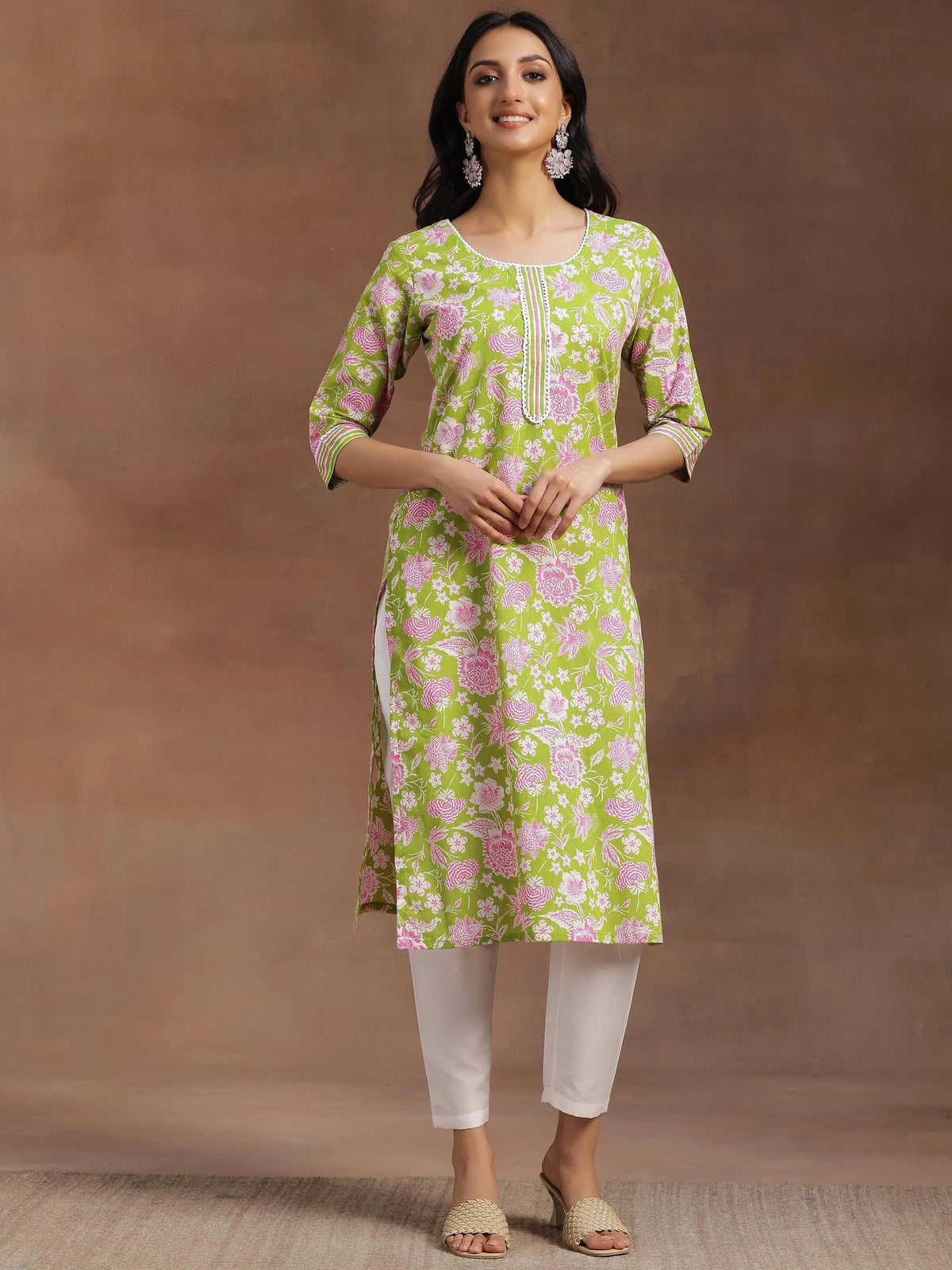 Libas Green Printed Cotton Straight Kurta