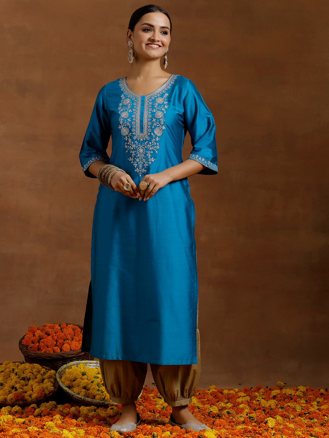 Gerua Blue Embroidered Silk Straight Kurta