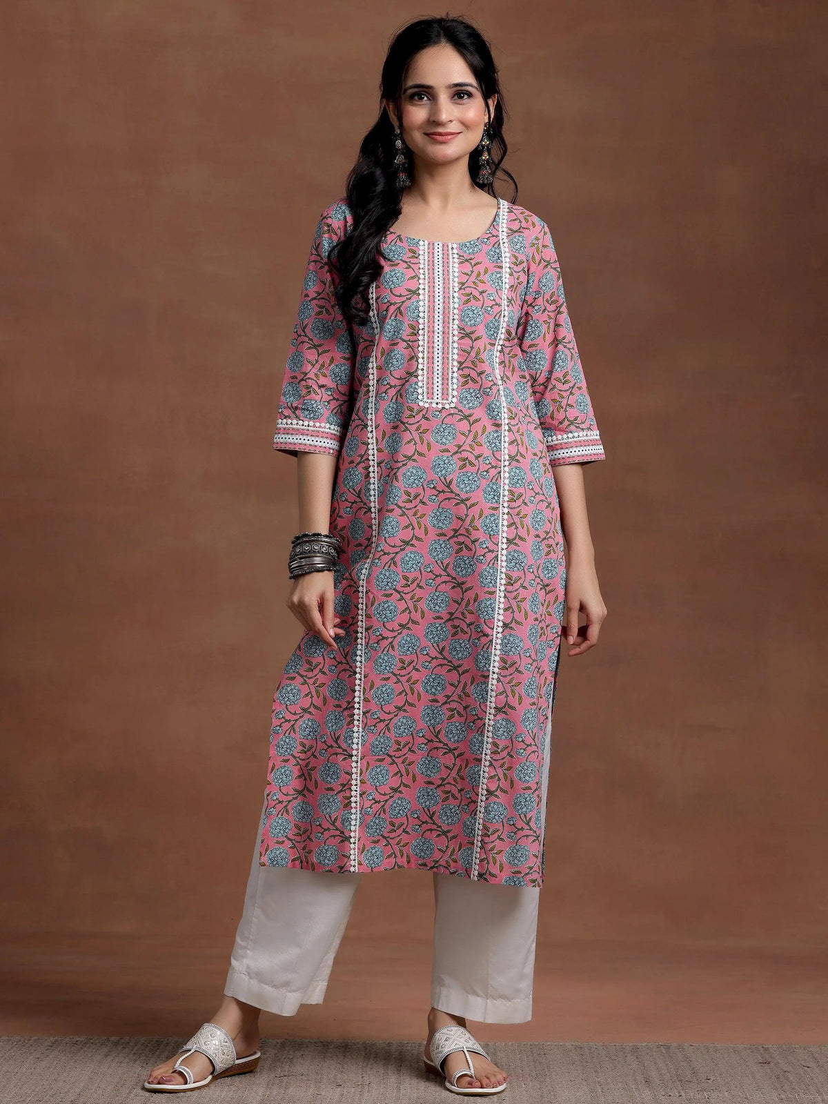 Libas Pink Printed Cotton Straight Kurta