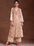 Libas Beige Printed Cotton A-Line Kurta With Palazzos