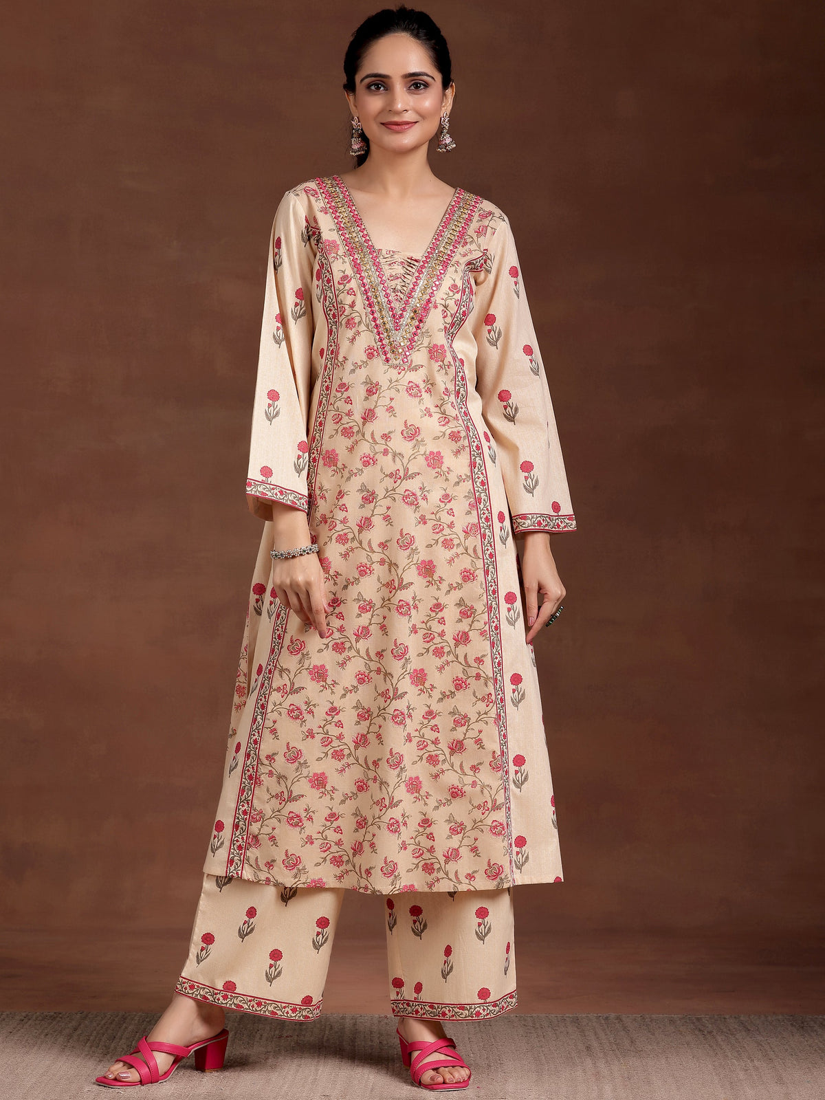 Libas Beige Printed Cotton A-Line Kurta With Palazzos