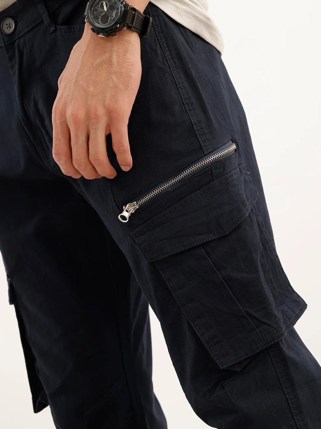Solid Straight Fit Cargo Trouser | Navy Blue