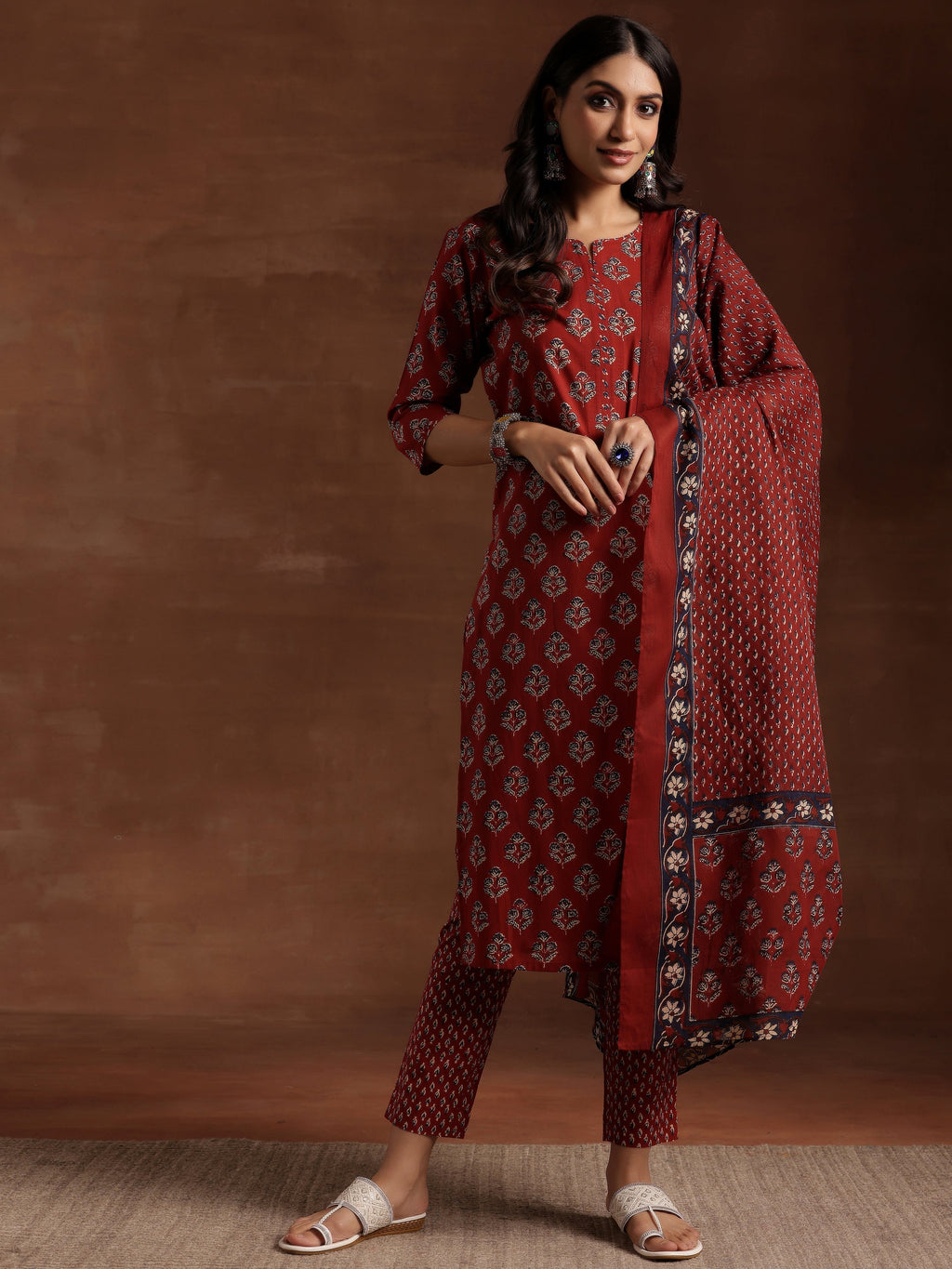 Libas Rust Printed Cotton Straight Suit With Dupatta