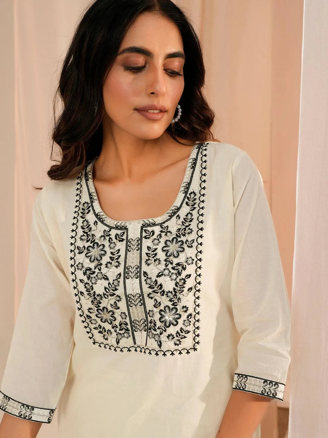 Libas Off White Yoke Design Cotton Straight Kurta