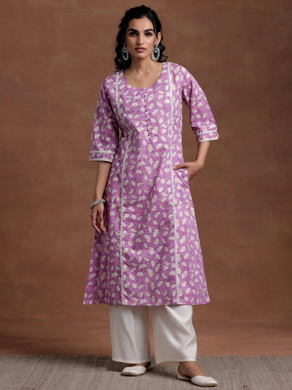Libas Purple Printed Cotton A-Line Kurta