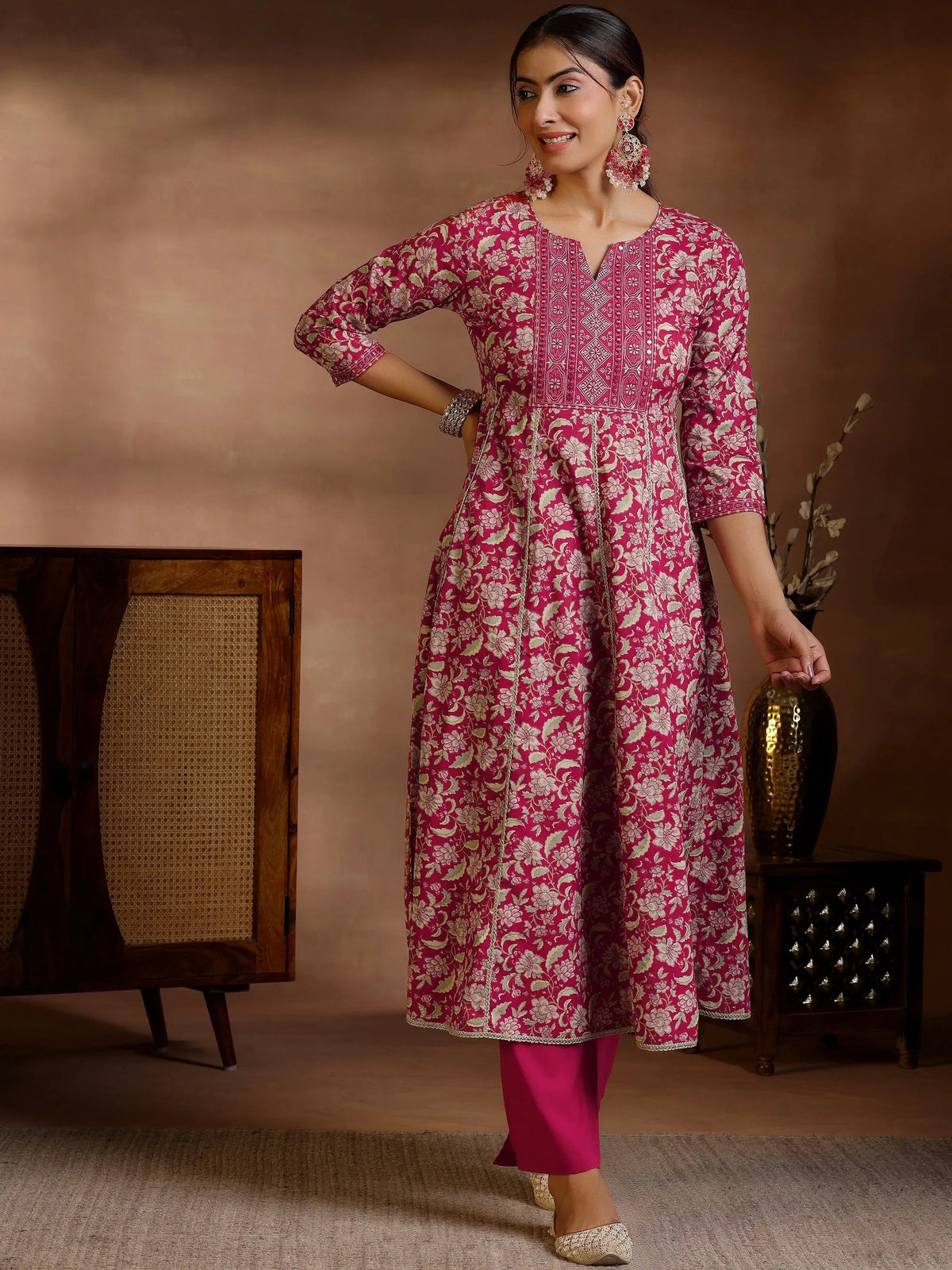 Libas Pink Printed Cotton Anarkali Kurta Set